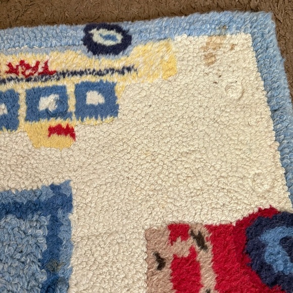Vintage Pottery Barn Wool Carpet 3x5 59” x 36” Cars Firetruck Tow Truck Cab Blue - Picture 6 of 6